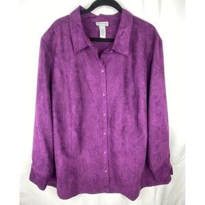 NWT Catherines Womens Button Down Top 3X Purple Faux Suede Long Sleeve‎ Blouse